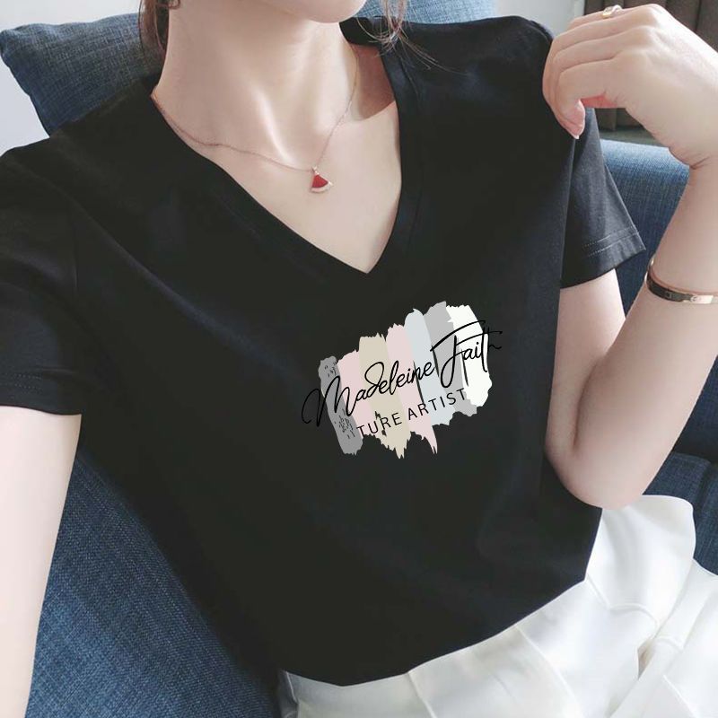 S-4XL/ 棉質 正肩短袖T恤 韓國顯瘦剪裁 V領微甜心機