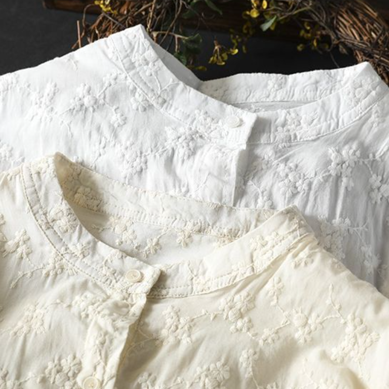 純棉刺繡提花立領襯衫 法式優雅寬版上衣 透氣親膚長袖白襯衫 休閒穿搭學院風顯瘦