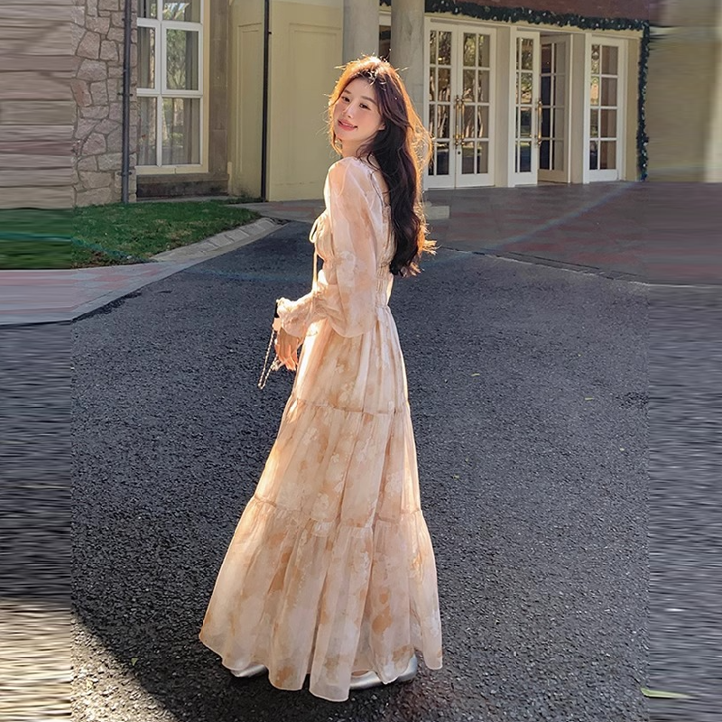 飄逸雪紡法式方領泡泡袖長洋 碎花初戀風顯瘦雪紡裙