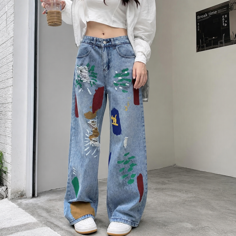 韓系 ‧ 彩色塗鴉牛仔長褲(中性風格男女可穿) 寬鬆破洞牛仔褲 高腰設計直筒寬褲