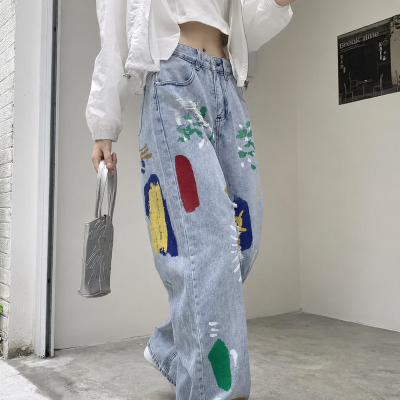 韓系 ‧ 彩色塗鴉牛仔長褲(中性風格男女可穿) 寬鬆破洞牛仔褲 高腰設計直筒寬褲