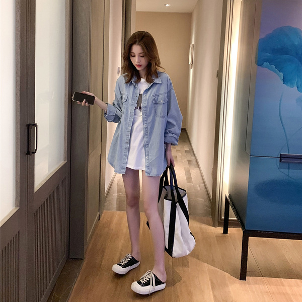 韓系 ‧ 牛仔襯衫外套 寬鬆牛仔襯衫 中長款百搭外套減齡上衣