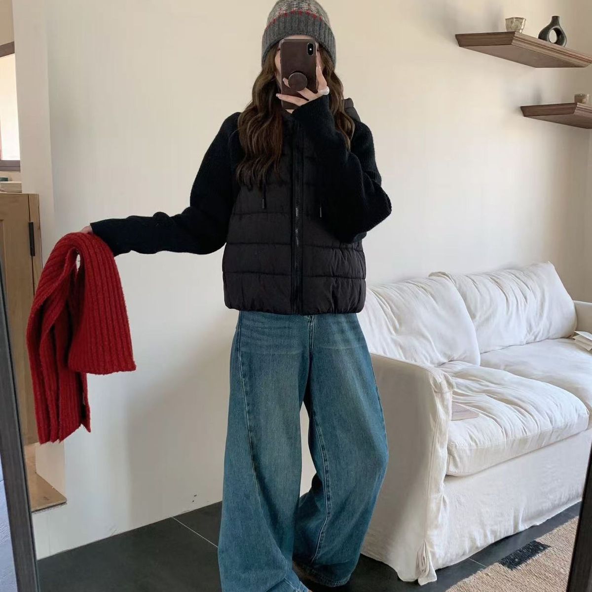 針織拼接連帽鋪棉外套 短版輕量 保暖不臃腫（小個子友善）