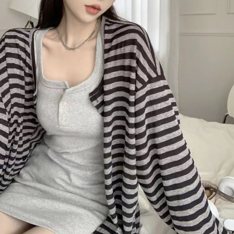 條紋針織開襟外套＋背心洋裝｜兩件式 甜辣風 修身顯瘦（長版／短版）