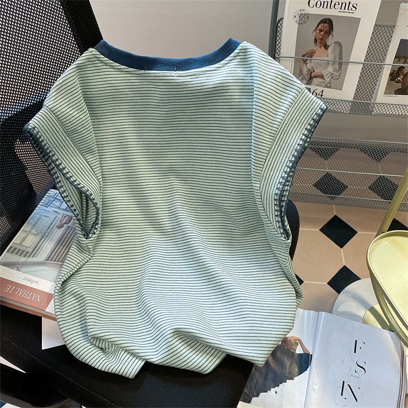 港風復古條紋無袖上衣 棉質正肩小飛袖背心 夏季新款