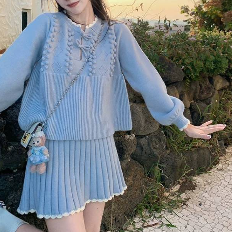 溫柔系針織套裝 蝴蝶結織紋上衣＋百褶裙 兩件式 顯瘦減齡