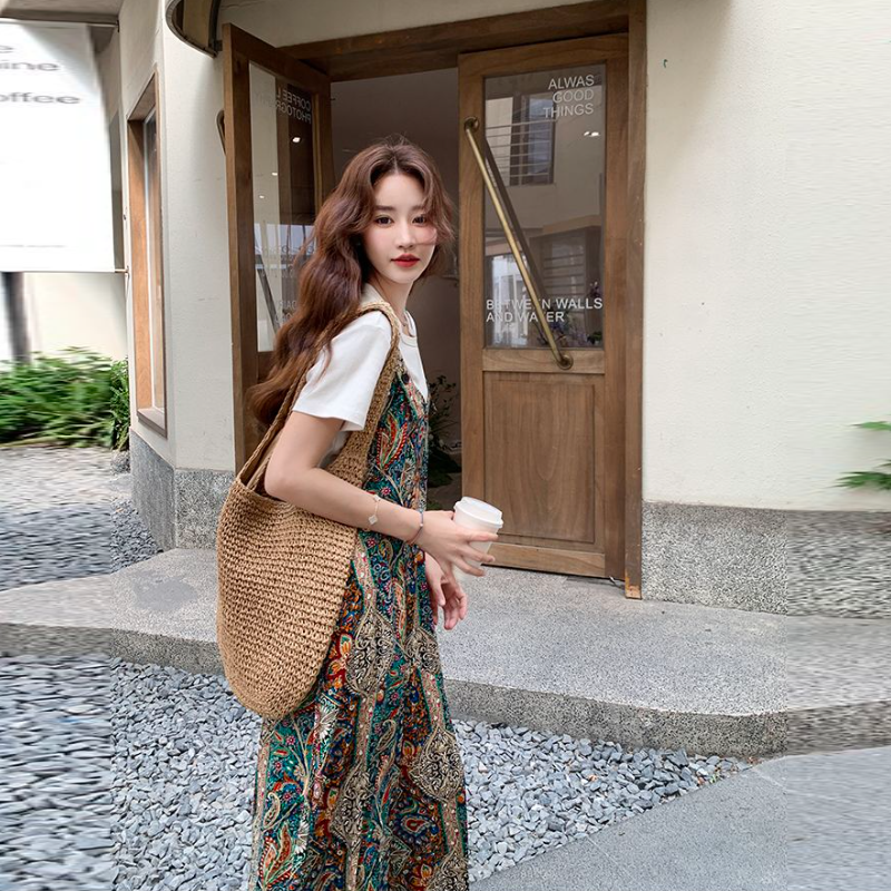 波西米亞拼接印花連身寬褲 復古百搭背帶式寬褲設計款