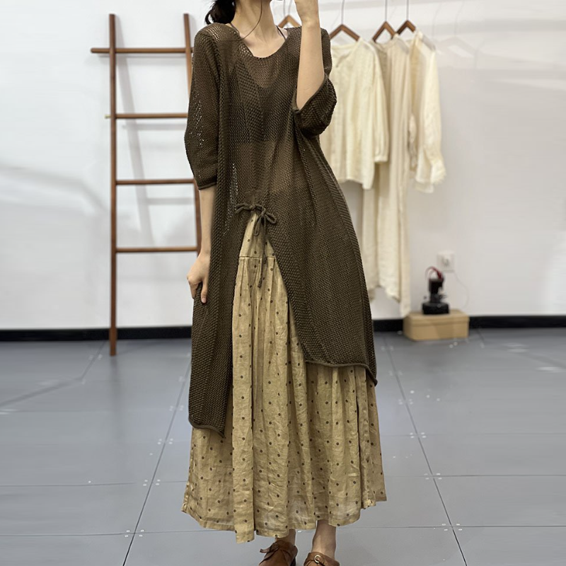 春夏鏤空針織裙罩衫 文青風中長版連身裙 慵懶休閒感穿搭