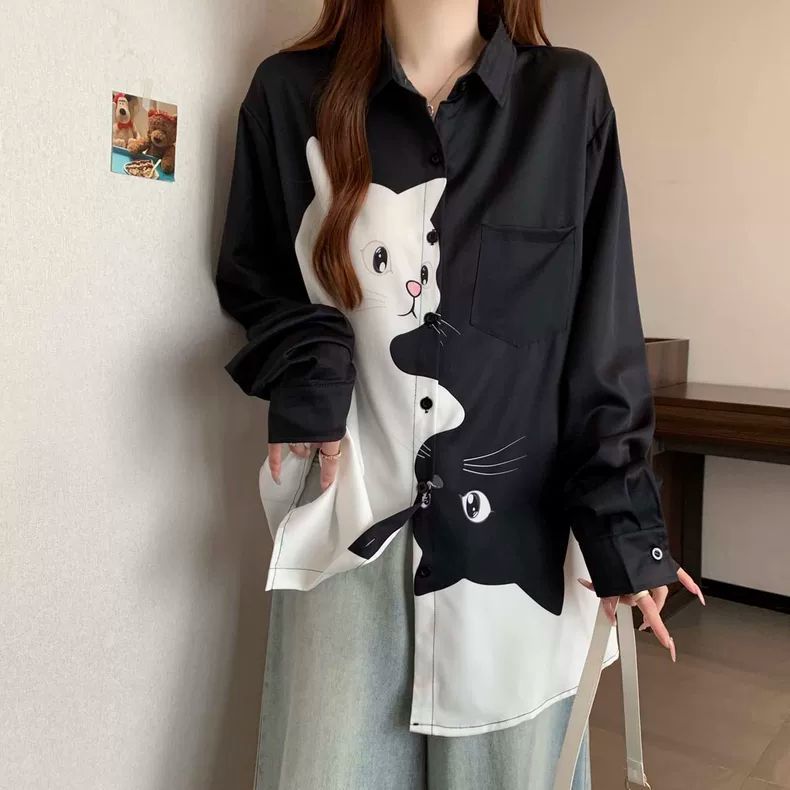 大尺碼貓咪印花襯衫 長袖寬鬆版 顯瘦遮肉（黑/白）