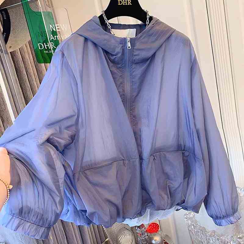 大尺碼寬鬆顯瘦連帽抗UV連帽罩衫 防曬短款外套  防潑水抗靜電微甜心機設計