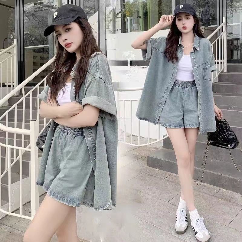 水洗彈力牛仔套裝 復古風可拆式牛仔兩件套 休閒短袖襯衫+寬鬆短褲