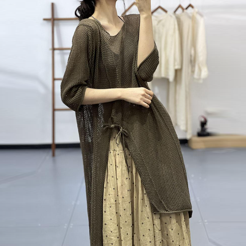 春夏鏤空針織裙罩衫 文青風中長版連身裙 慵懶休閒感穿搭