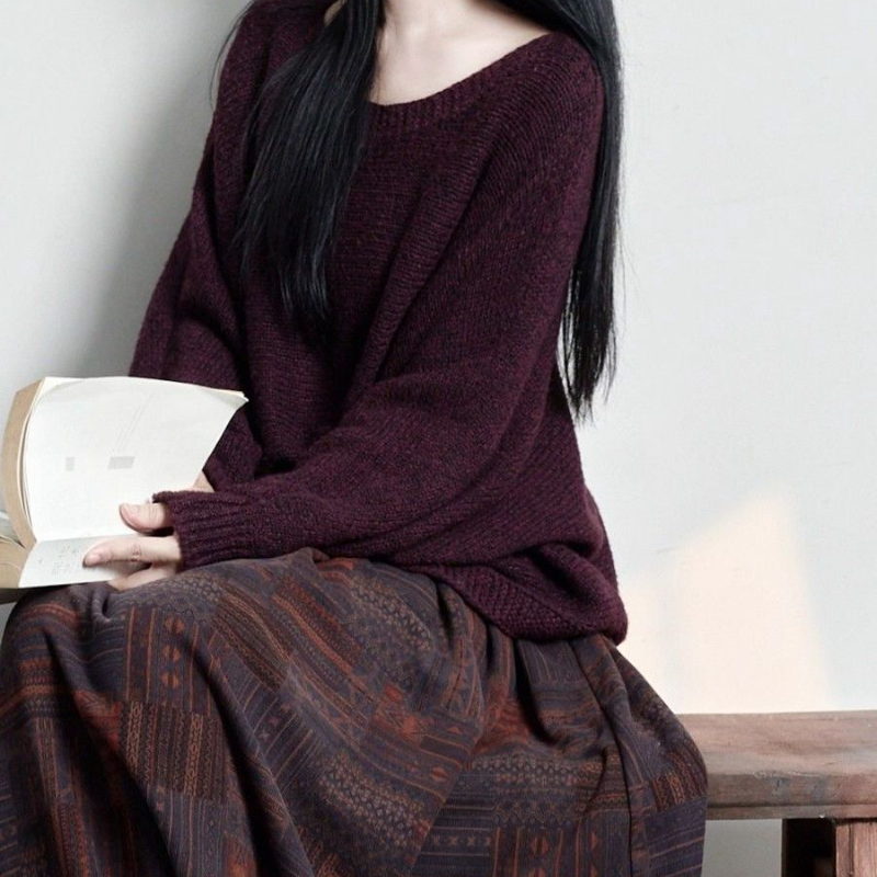 「套裝/單件」復古文藝針織上衣＋印花長裙兩件式套裝 慵懶氣質 秋冬穿搭