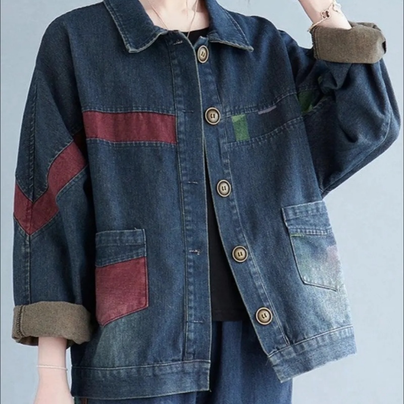 復古拼布丹寧外套 大尺碼寬鬆 厚質保暖