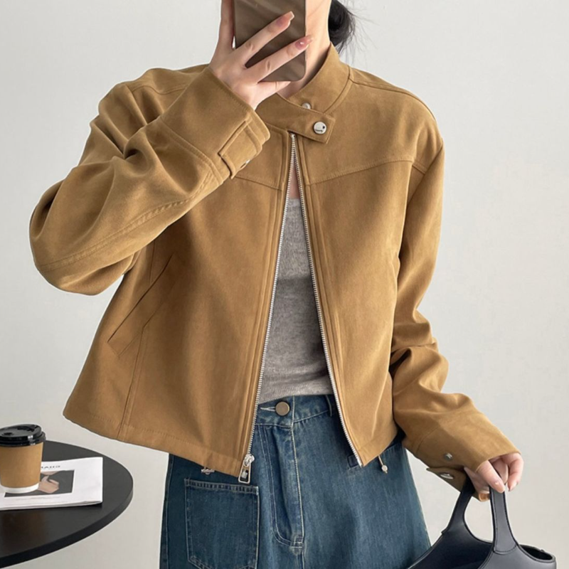 美式復古立領短版夾克 拉鍊門襟 釦帶設計 挺版有型外套