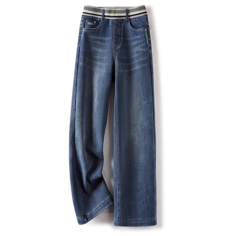 日系高腰牛仔褲 鬆緊腰設計 寬版直筒修飾腿型 顯瘦款
