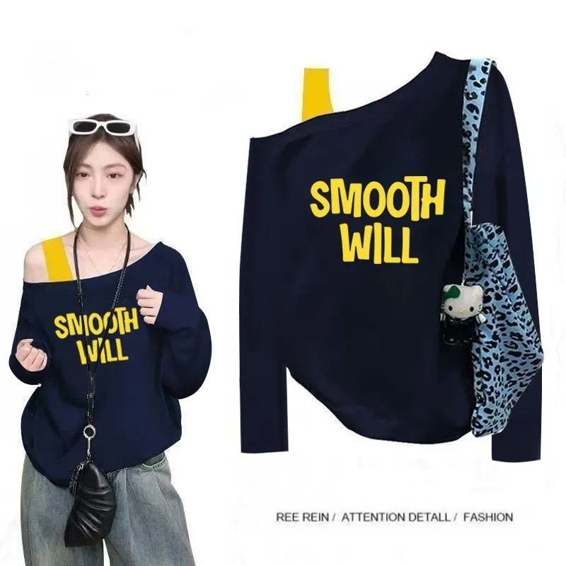 純棉斜肩假兩件長袖T恤 秋季寬鬆 設計感印花 不對稱露肩 百搭