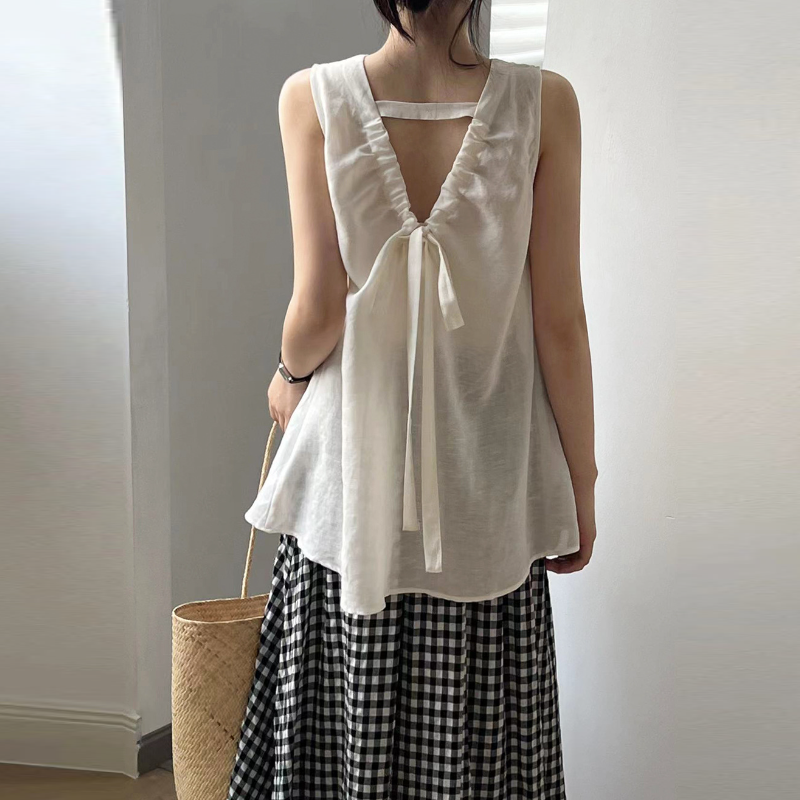 韓系後背綁帶V領無袖上衣  露背設計 輕熟法式感
