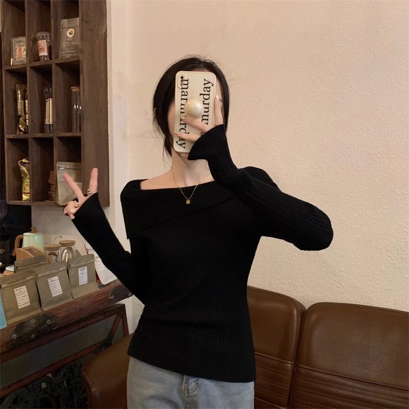 法式一字領針織上衣 春秋長袖 羅紋彈性 韓系慵懶 合身顯瘦