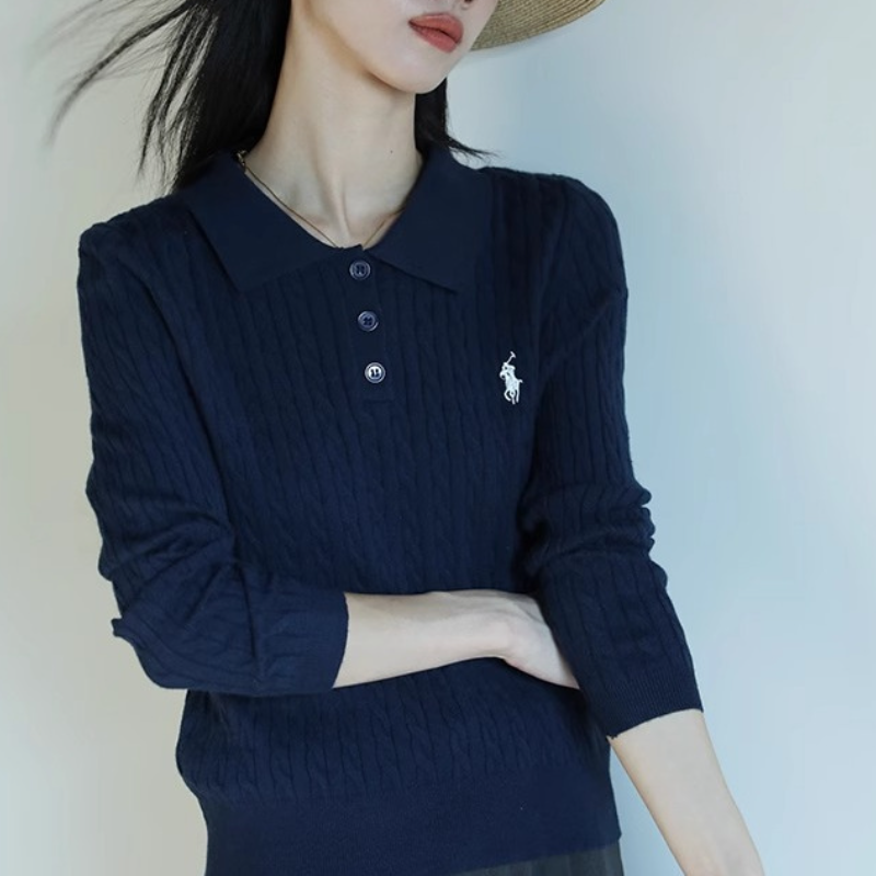 復古灰色翻領刺繡針織衫 通勤麻花毛衣顯瘦上衣