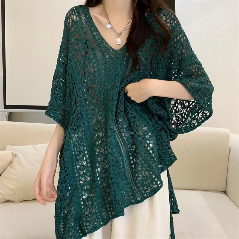 V領鏤空針織罩衫 薄款寬鬆小眾設計感上衣