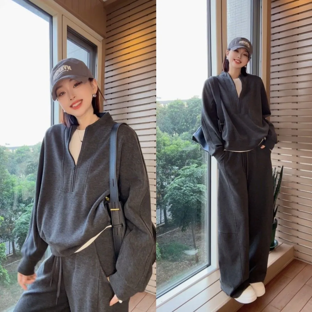 兩件套 新款高級感半拉鏈套裝 顯瘦遮肉休閒寬鬆兩件套