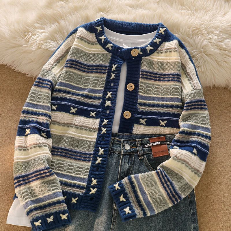 【單品可選】韓版復古潮流套裝 慵懶拼色針織上衣外套+高腰牛仔褲兩件套