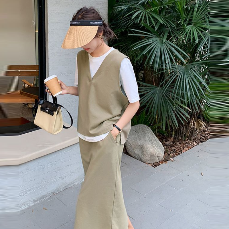 設計感兩件式套裝 V領拼接短袖T恤 配高腰中長裙 成套穿搭 顯瘦有型