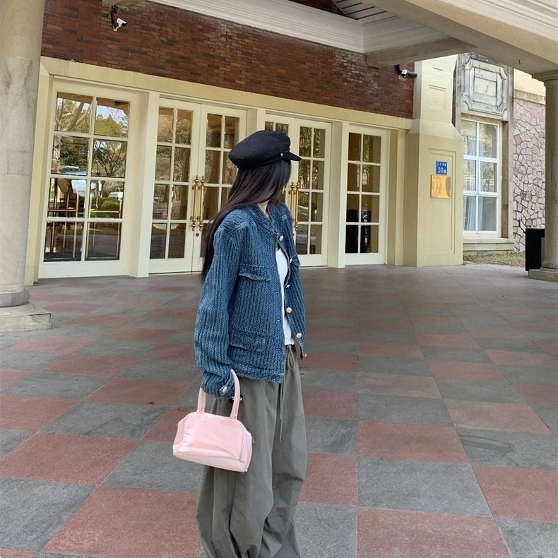 小香風丹寧短版外套 立領金釦 藍色復古感 外搭