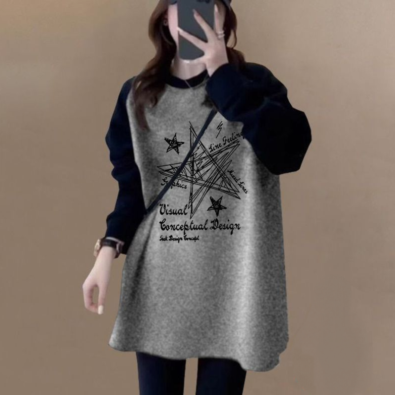 長版拼色磨毛上衣 寬鬆顯瘦 加厚保暖 搭配鯊魚褲超好看