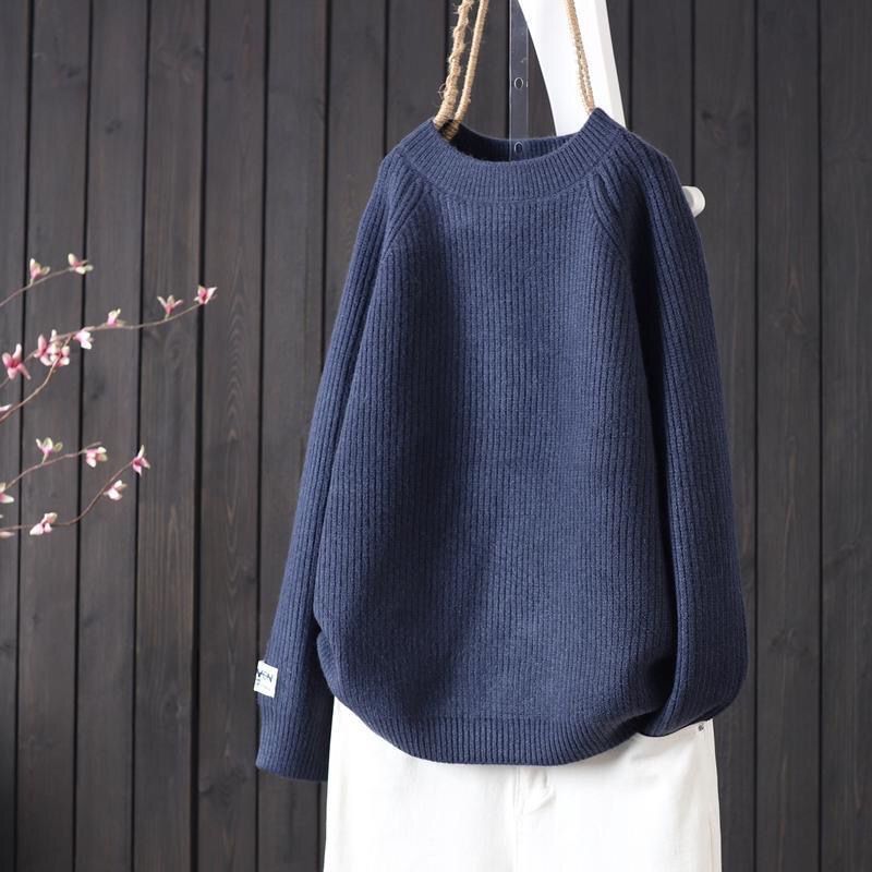 2024秋冬洋氣圓領純色線條紋簡約冬季寬鬆針織衫套頭女裝加厚毛衣