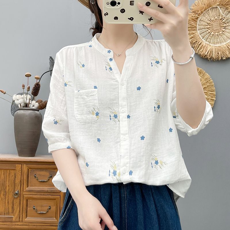 碎花雙層棉紗襯衫 中袖設計 寬鬆舒適 文青風上衣