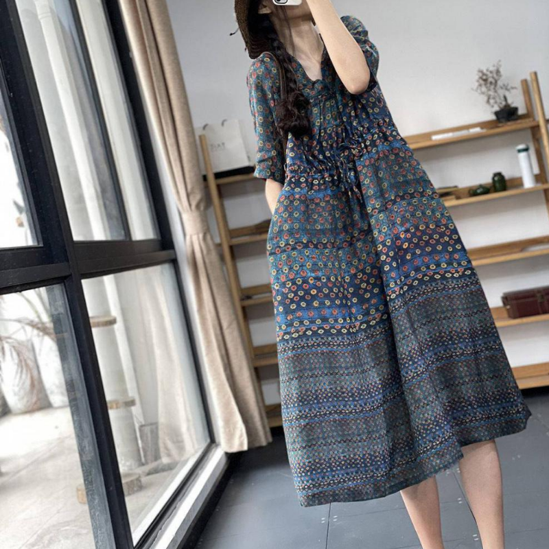 簡約 ‧ 收腰文藝復古印花連身裙