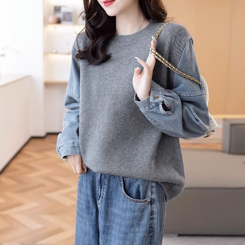 牛仔袖拼接假兩件針織上衣 寬鬆剪裁 秋冬百搭款