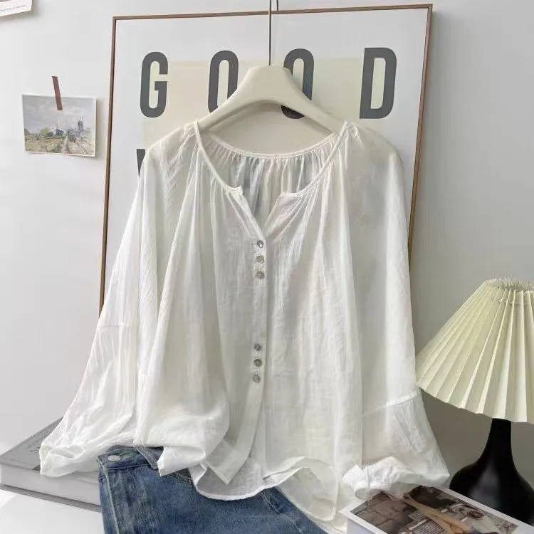 韓系雪紡開襟罩衫 輕薄防曬 寬鬆疊穿 圓領排釦 蓬袖