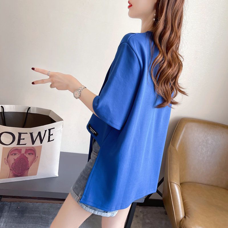 大尺碼字母不對稱開衩短袖T恤 棉花糖女孩寬鬆顯瘦上衣