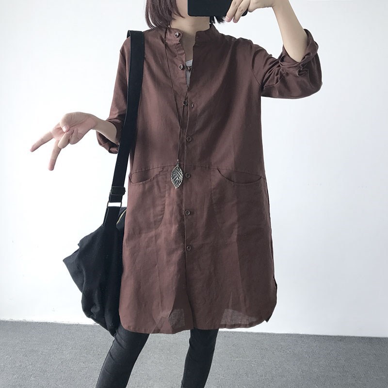 春夏款日系和紙棉麻罩衫 立領長袖襯衫