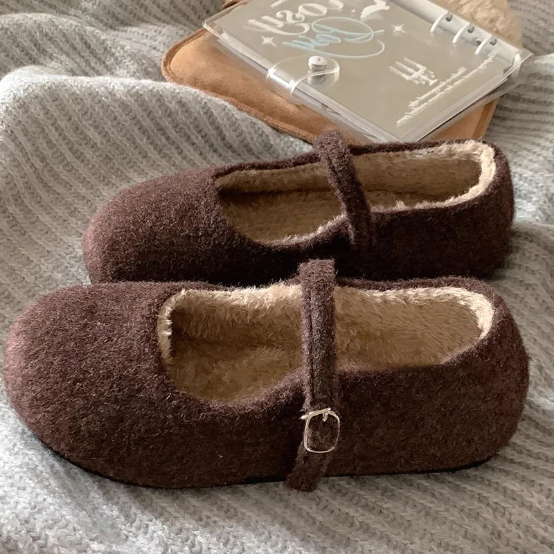 混色高級灰法式瑪麗珍毛毛鞋 內刷毛保暖 秋冬外穿平底鞋