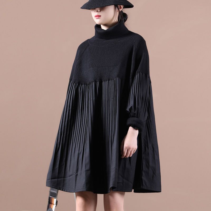 高領針織拼接百褶上衣 寬鬆剪裁 素色氣質 秋冬百搭