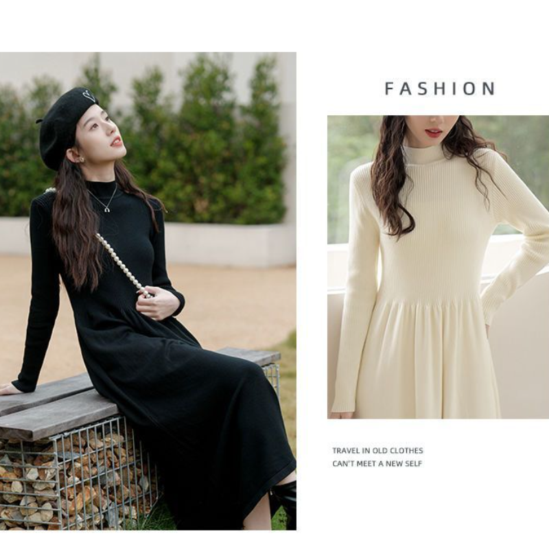 赫本風小黑針織長洋裝 過膝長度 修身剪裁 秋冬搭大衣超有型