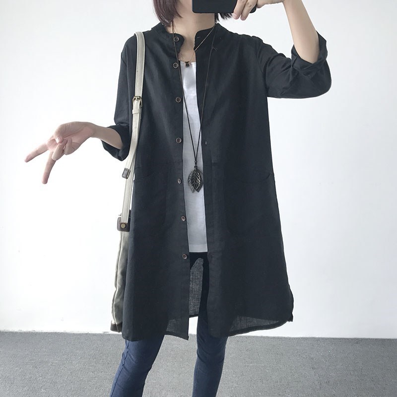 春夏款日系和紙棉麻罩衫 立領長袖襯衫