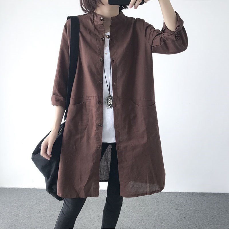 春夏款日系和紙棉麻罩衫 立領長袖襯衫