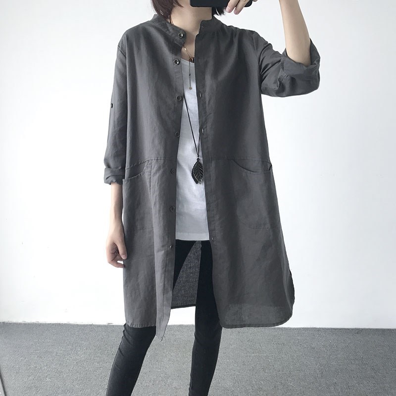 春夏款日系和紙棉麻罩衫 立領長袖襯衫
