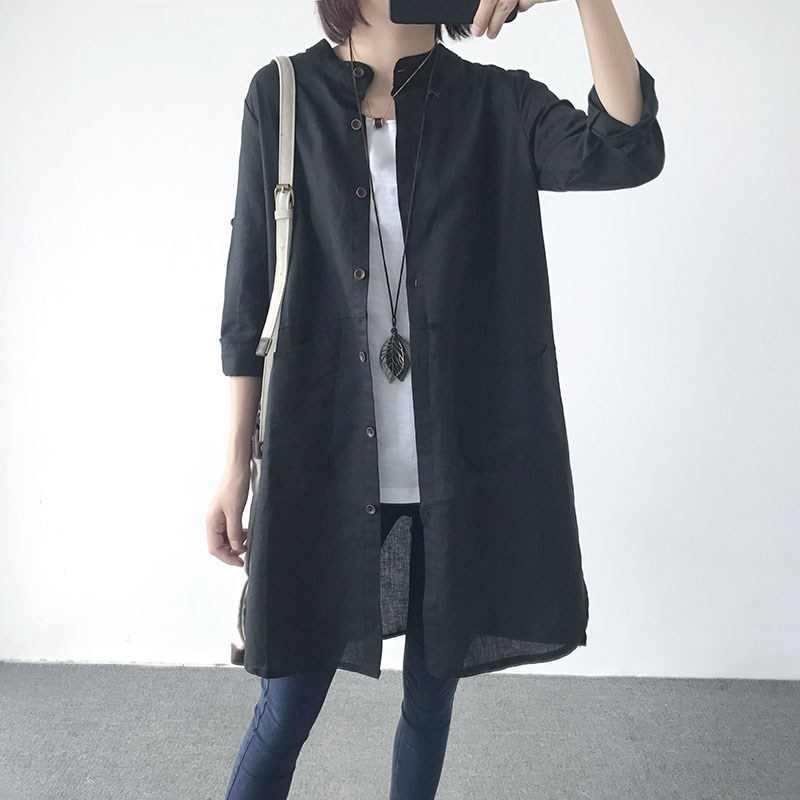 春夏款日系和紙棉麻罩衫 立領長袖襯衫