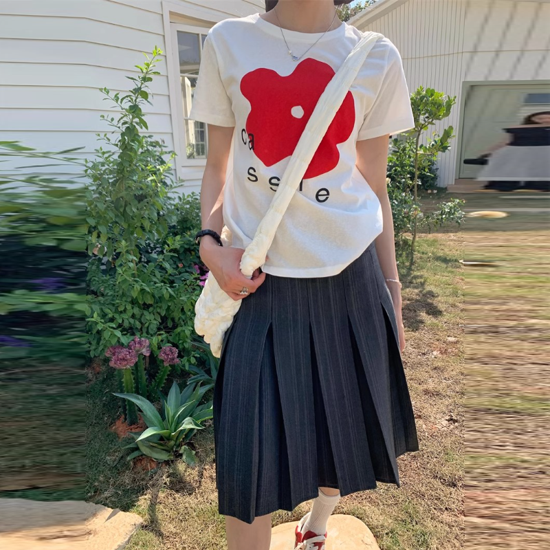 純棉紅花印花T恤 白色短袖 韓系甜美 顯年輕 夏季百搭