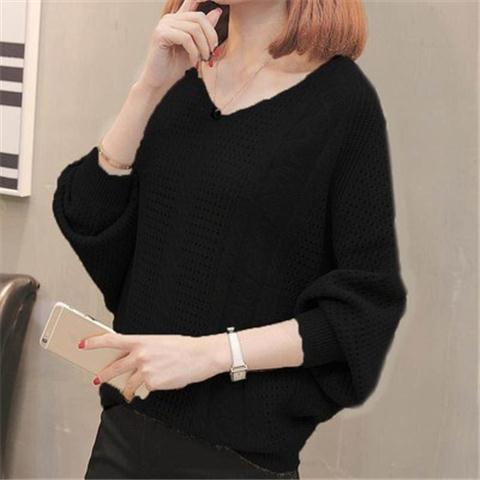 寬鬆蝙蝠袖洞洞毛衣 V 領鏤空針織上衣 韓系休閒