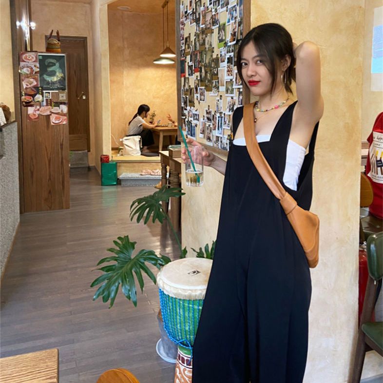 簡約方領連身吊帶寬褲 氣質減齡元氣背帶寬褲連身褲