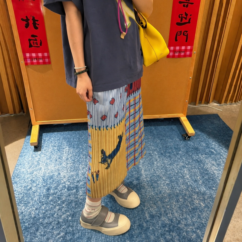 文藝印花壓褶長裙 格紋拼接設計 氣質感直筒裙