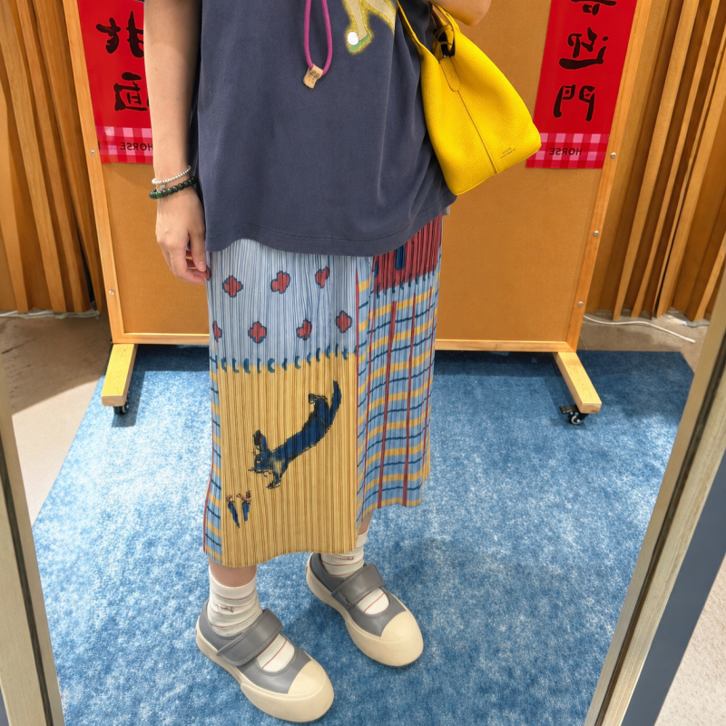 文藝印花壓褶長裙 格紋拼接設計 氣質感直筒裙