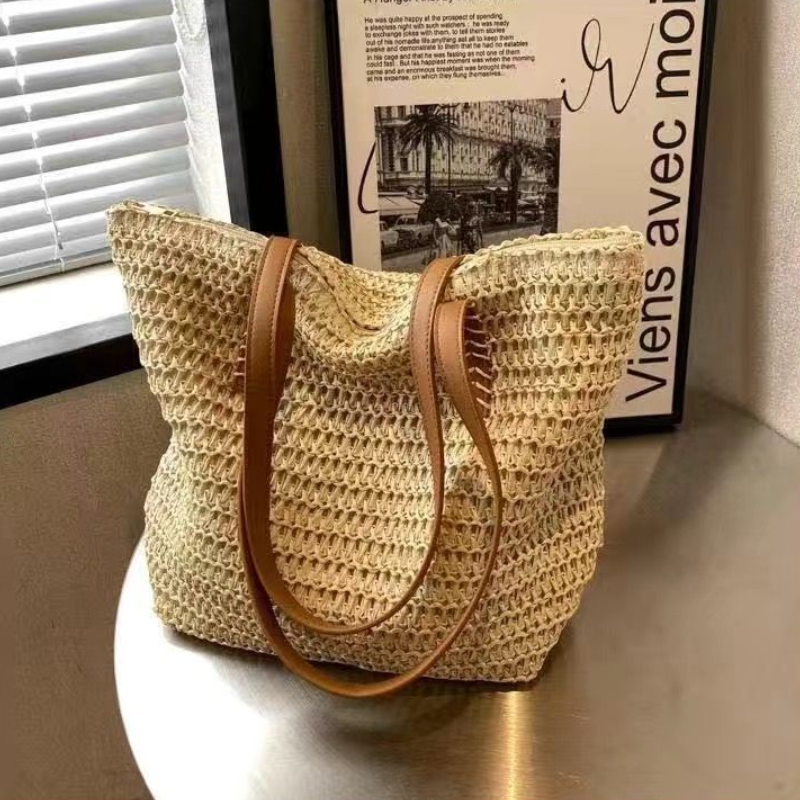 自然編織草編托特包 大容量海邊度假肩背包